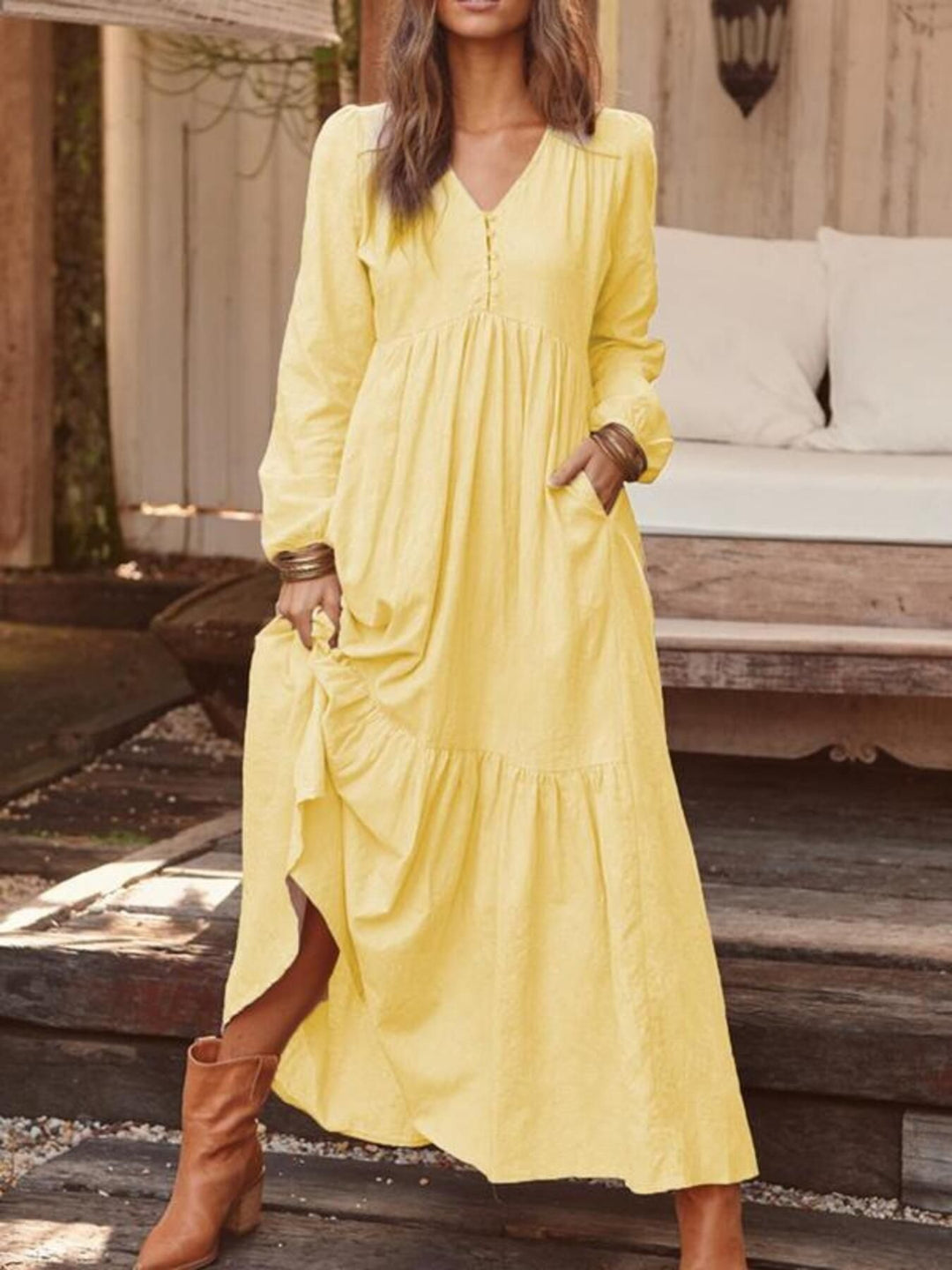 Full Size V-Neck Long Sleeve Tiered Maxi Dress Plus Size