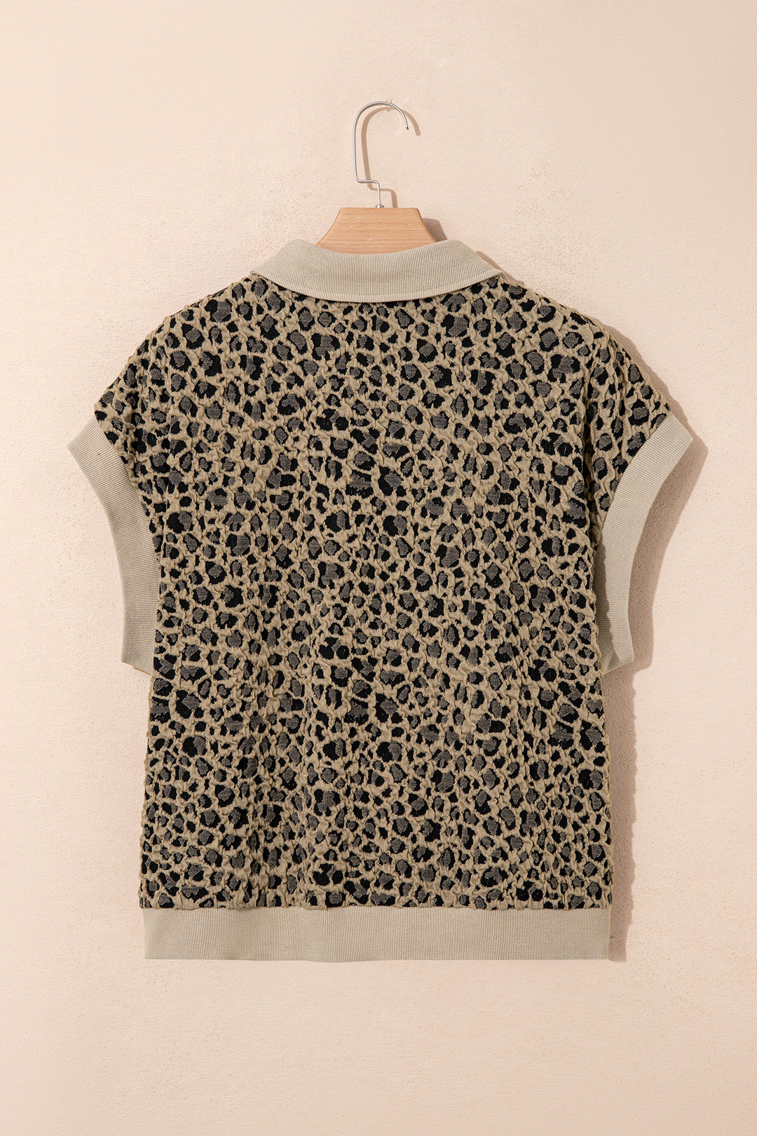 Beige Ribbed Patchwork Collar Cuffed Sleeve Leopard Plus Top