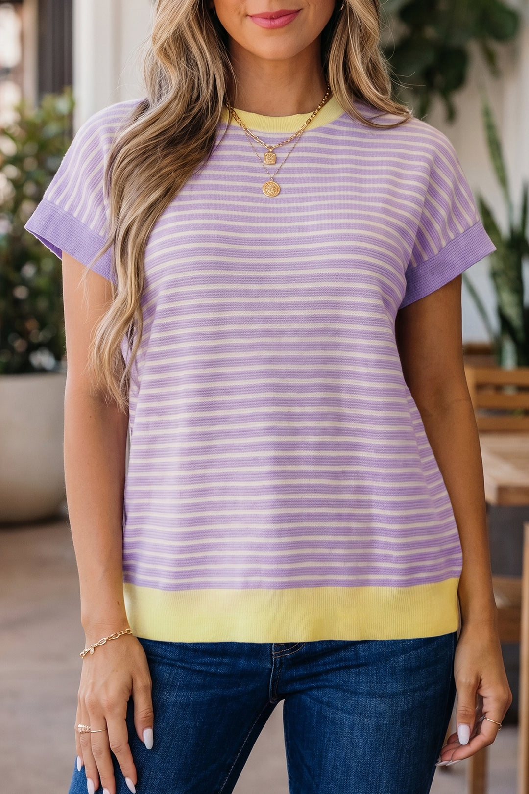 Purple Stripe Striped Colorblock Paneling Collar Cuff Hem Texture T-Shirt