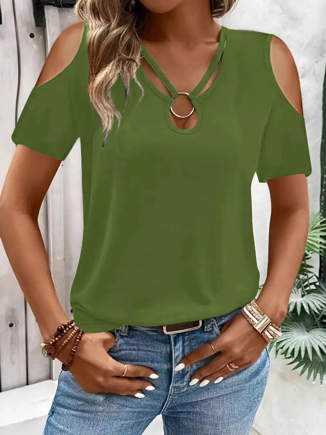 Cold Shoulder T-Shirt with Metal Ring Detail
