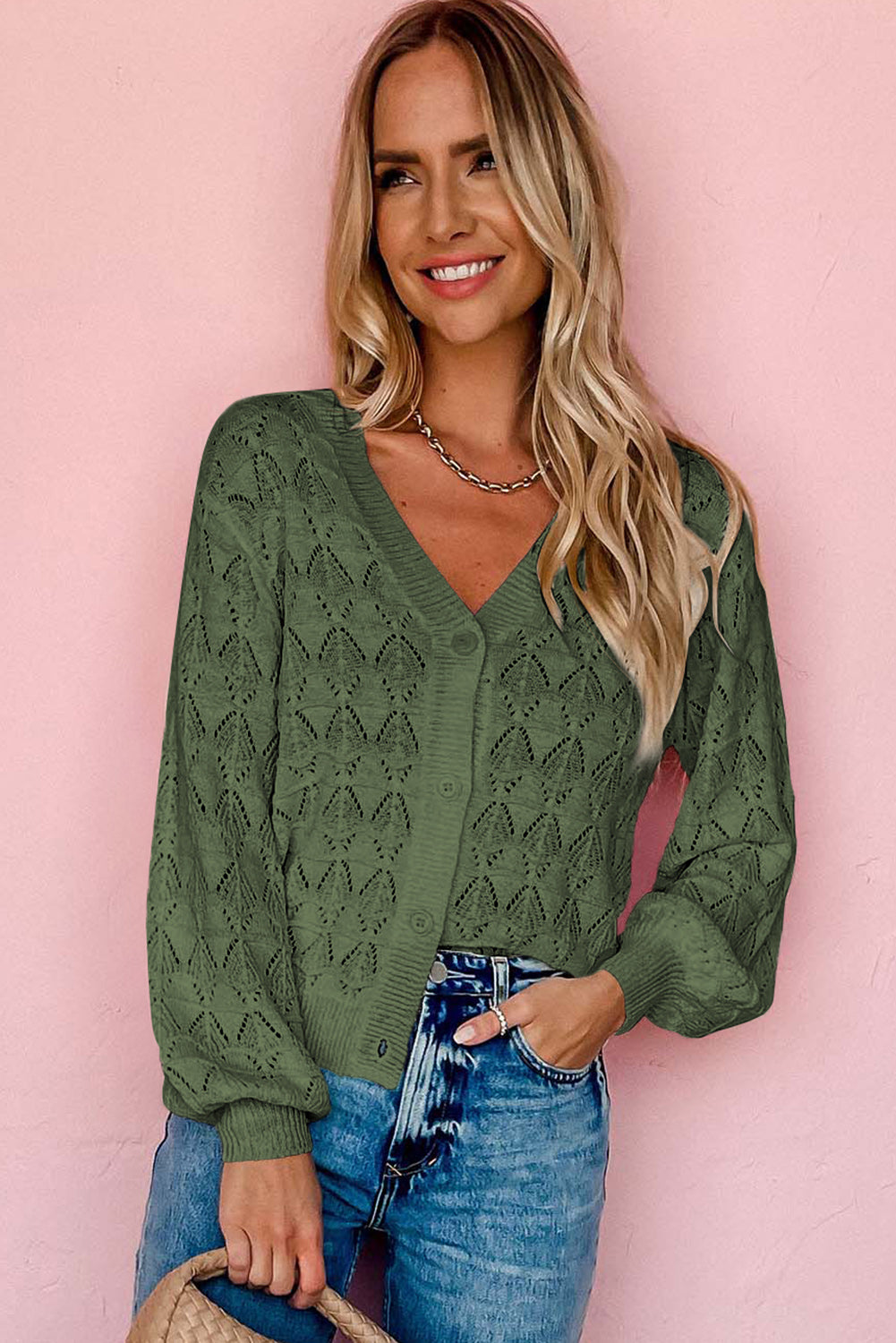 Green Lightweight Buttoned Front Crochet Cardigan