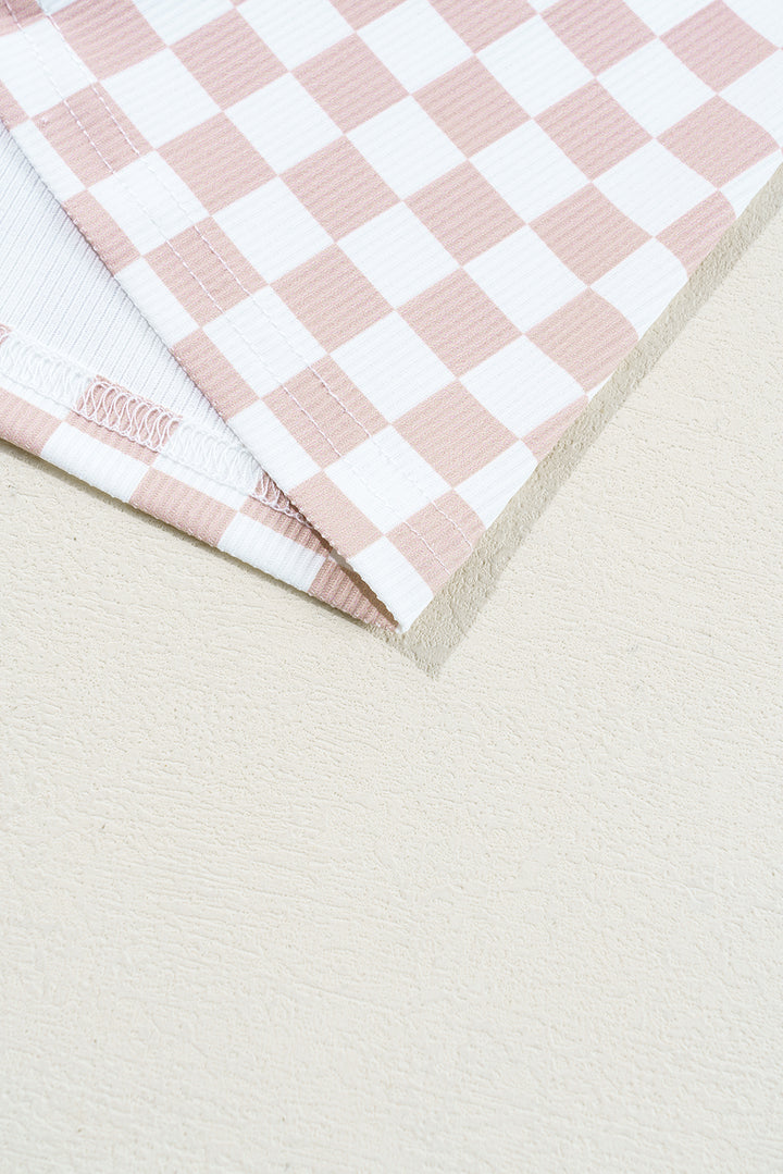 Pink Checkered Ribbed Slim Fit Crew Neck T Shirt