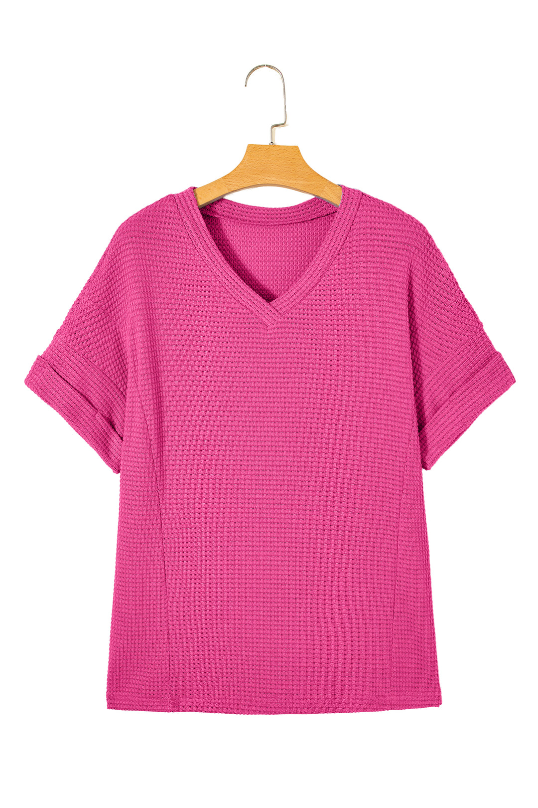 Strawberry Pink Waffle V Neck Short Sleeve Knit Top