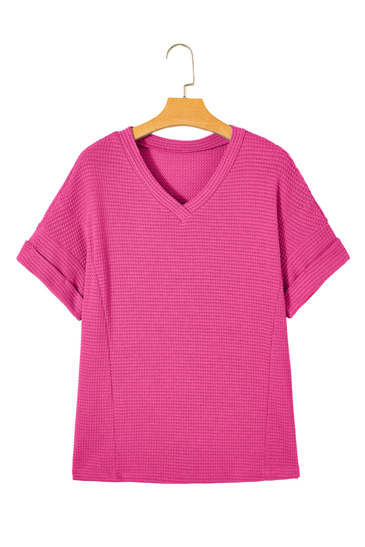Strawberry Pink Waffle V Neck Short Sleeve Knit Top