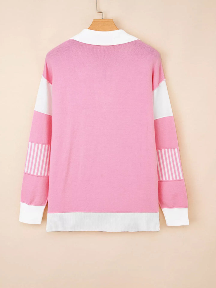 Contrasting Polo Collar Color Block Knit Drop Shoulder Sweater