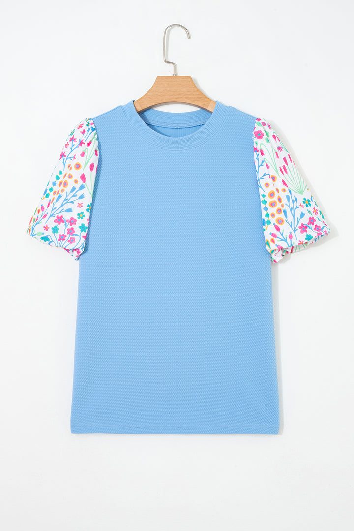 Light Blue Round Neck Textured Contrast Floral Bubble Sleeve Blouse