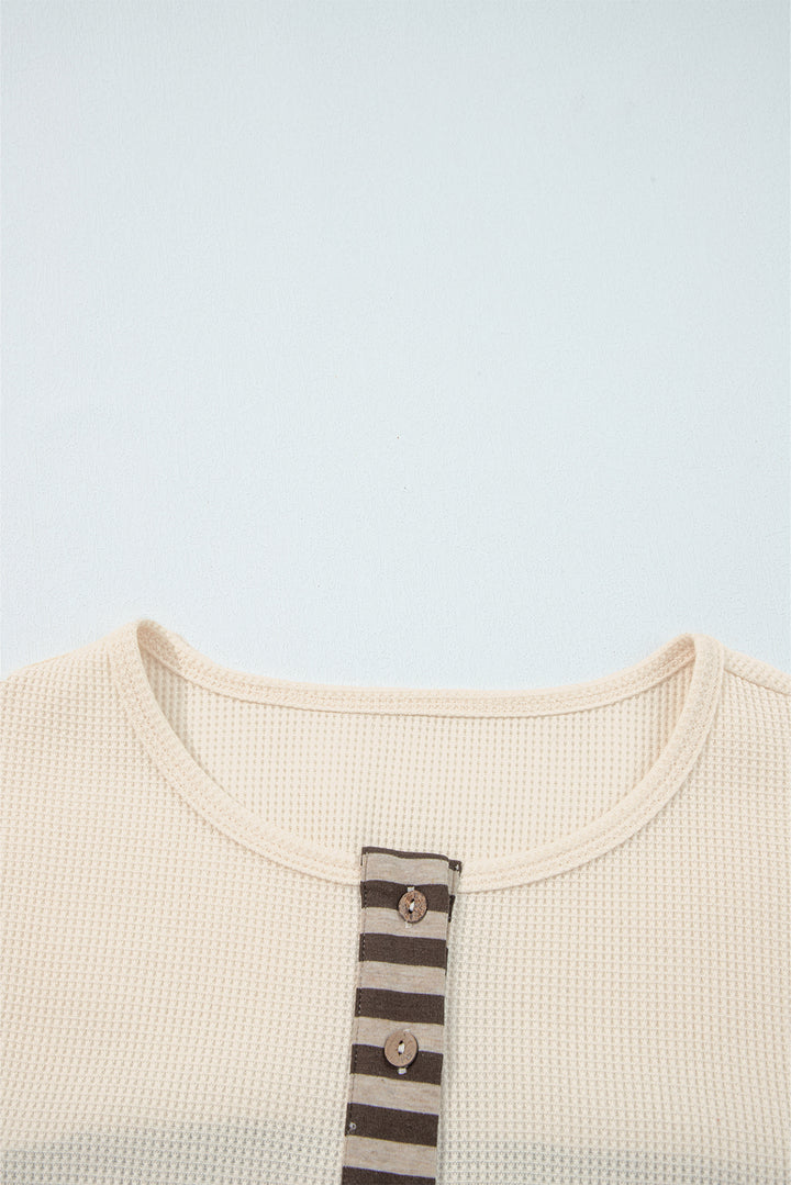 Beige Waffle Stripe Plaid Patchwork Henley Knit Top