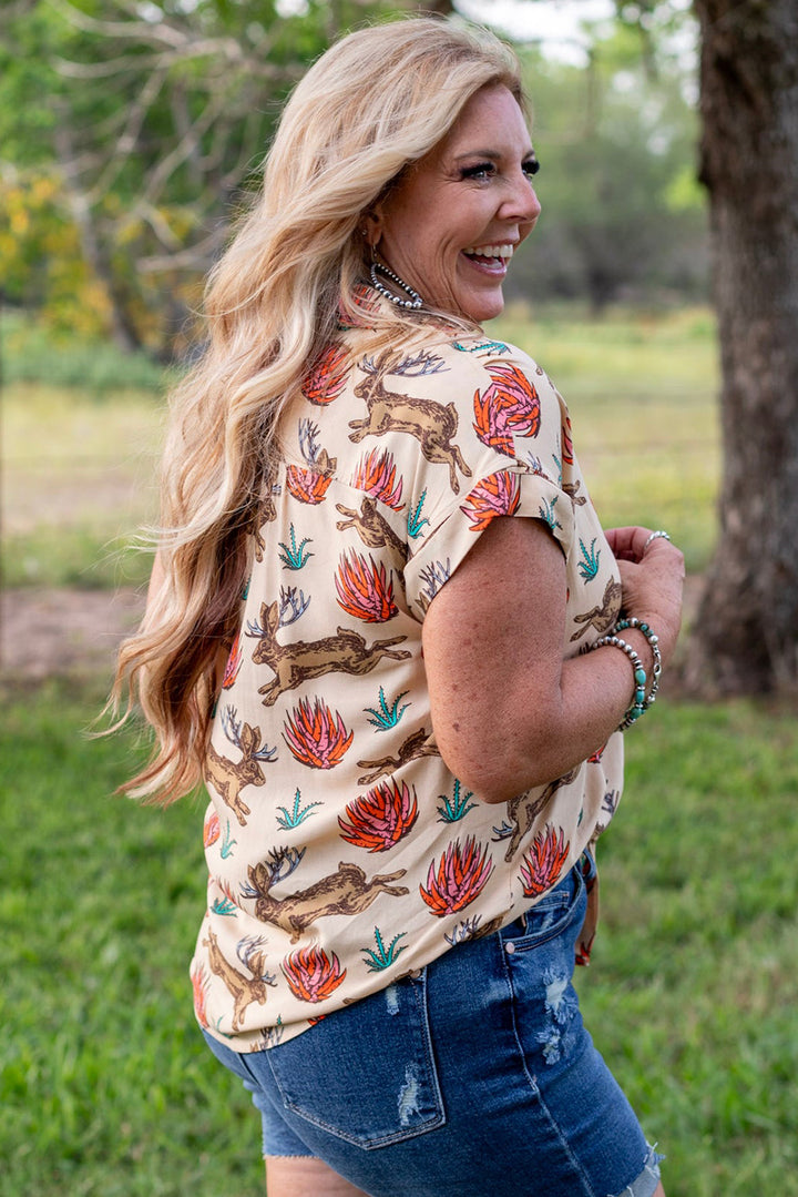 Chemise boutonnée à manches courtes et imprimé western kaki grande taille