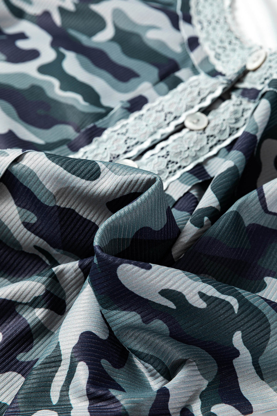 Green Camouflage Print Lace Patchwork Detail Button Long Sleeve Top