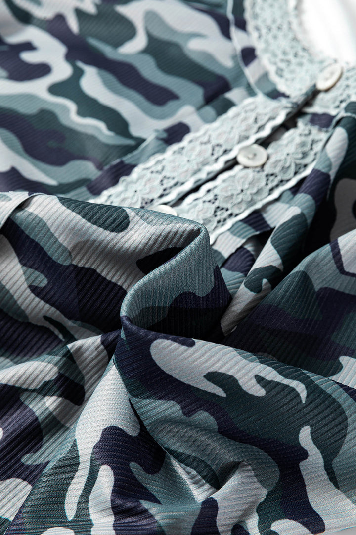 Green Camouflage Print Lace Patchwork Detail Button Long Sleeve Top