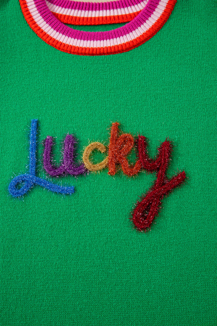 Bright Green Shiny Lucky Striped Flutter Sleeve Round Neck Sweater