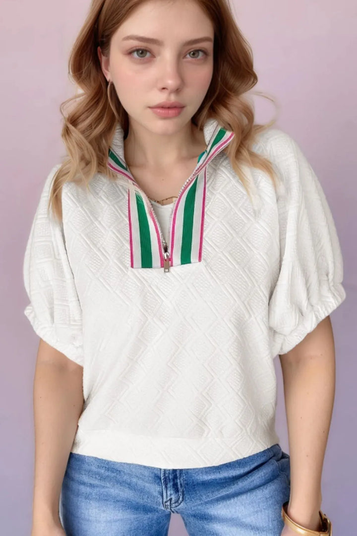 Contrast Striped Collar Patchwork Textured Half Sleeve Blouse