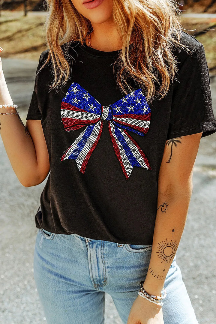 Bow Rhinestone Round Neck T-Shirt