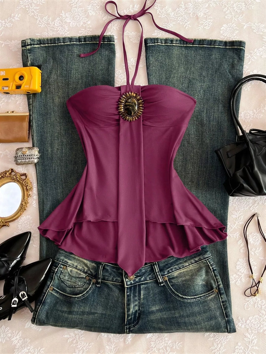 Embellished Front Halter Neck Cami