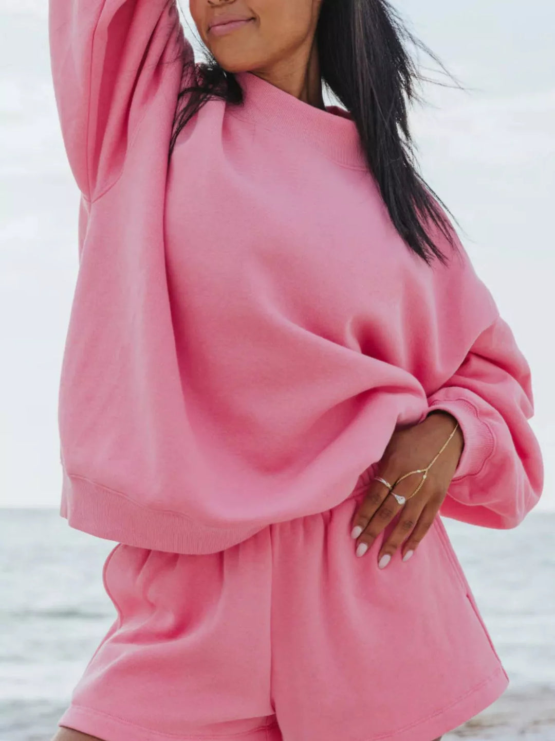 Relaxed Fit Round Neck Sweatshirt and Shorts Set