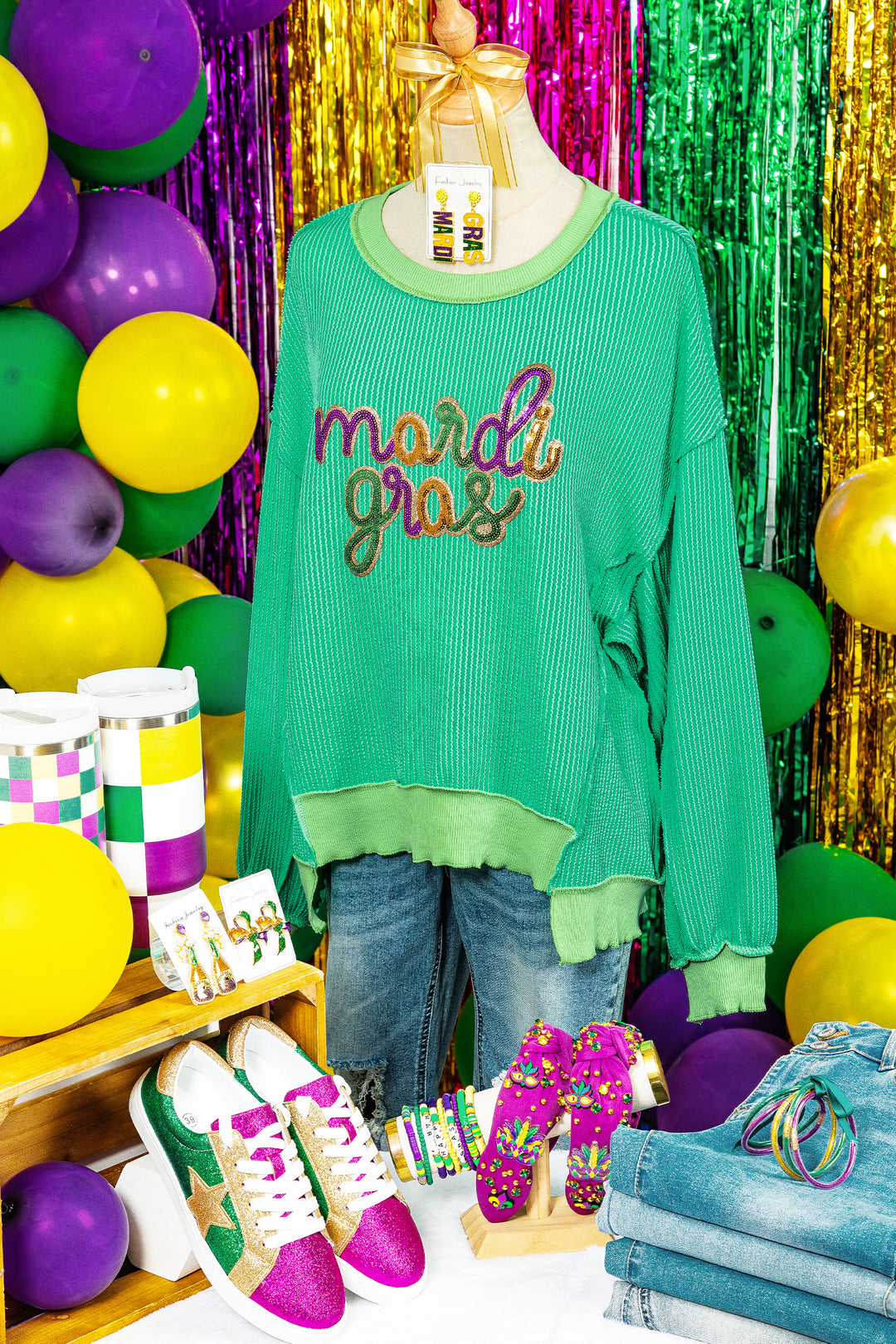 Bright Green Twisted Ribbed mardi gras Sequin Graphic Exposed Seam Patchwork Pullover Top