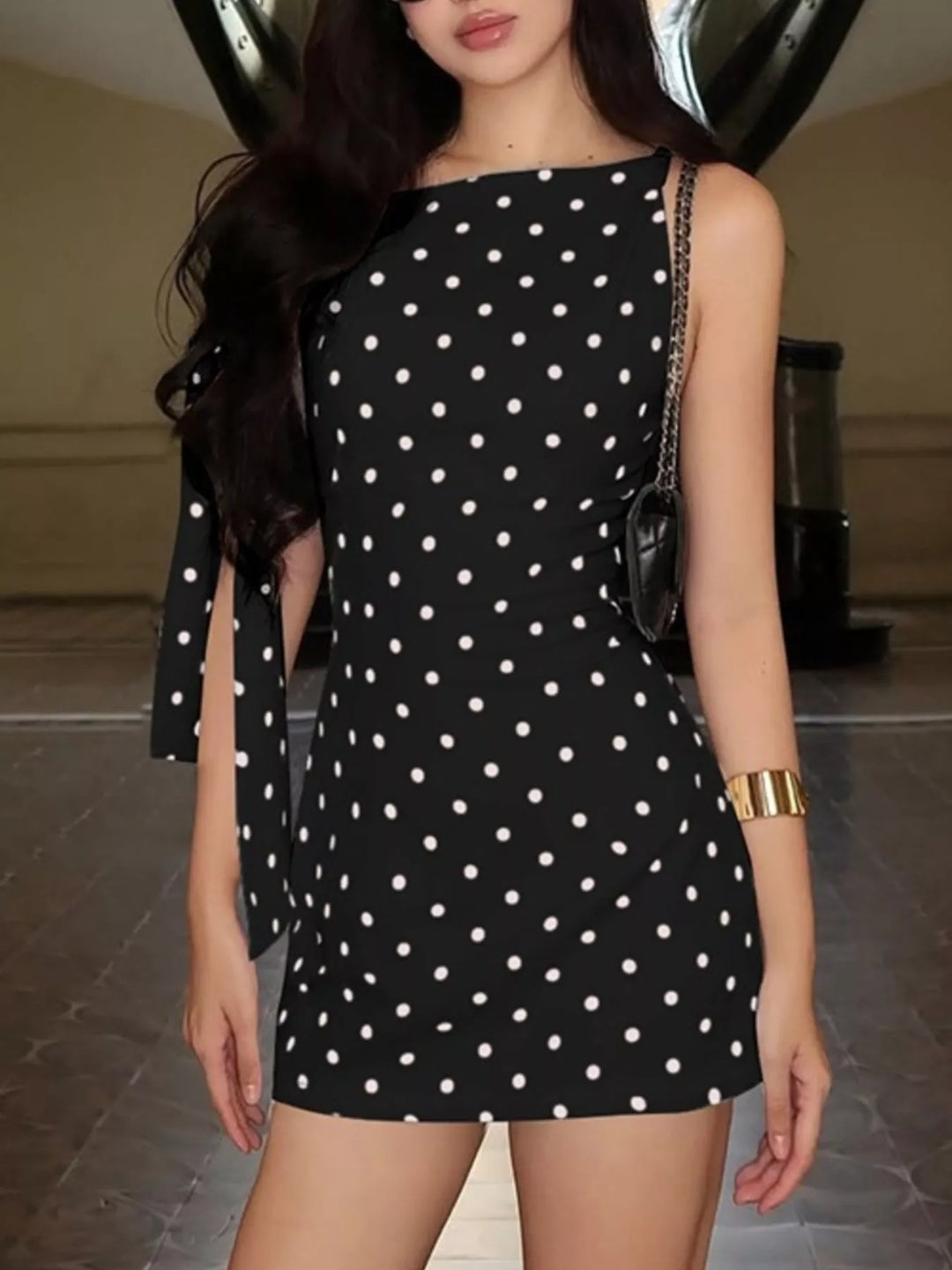 Polka Dot Sleeveless Mini Dress with Bow Accents