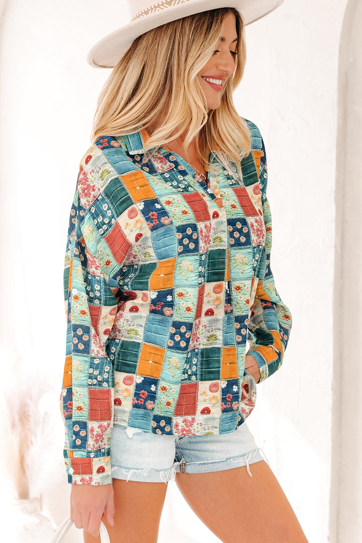 Sky Blue Floral Collared V Neck Roll up Sleeve Shift Blouse