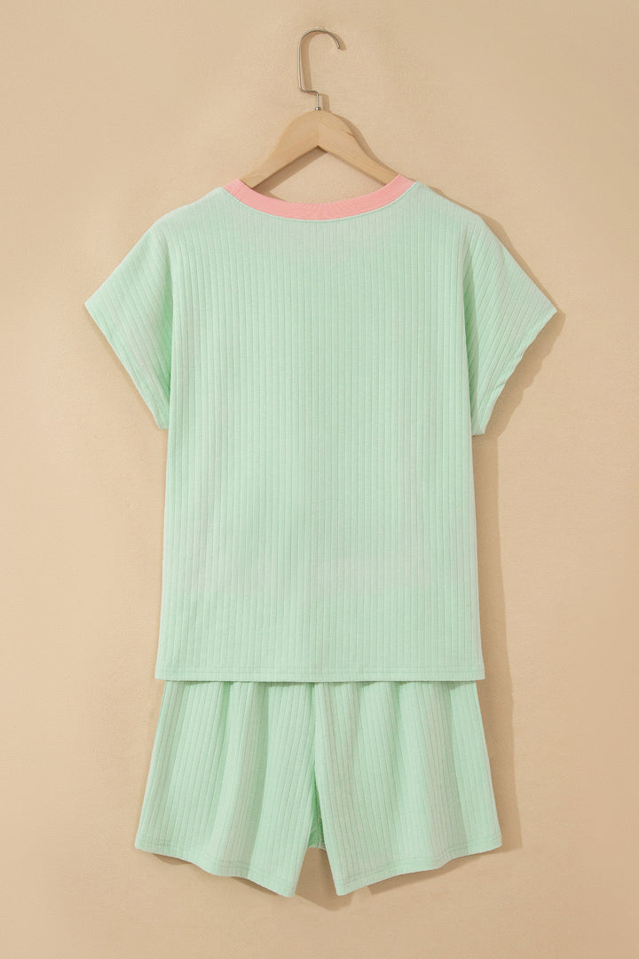 Clearly Aqua Soft Ribbed Color Block Trim Casual Short Set