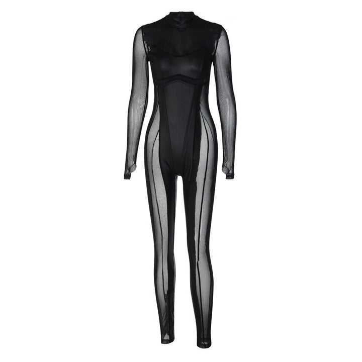 Women Clothing Autumn Stitching Mesh round Neck Back Long Sleeve Zipper Jumpsuit