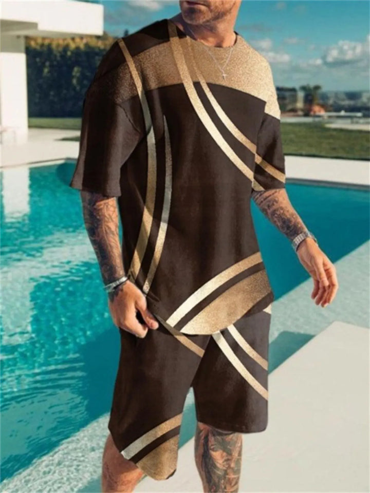 Men's Full Size Contrast Short Sleeve Top and Shorts Set Plus Size