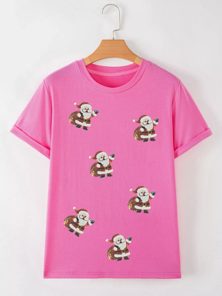Santa Claus Deliver Gifts Sequin Short Sleeve Tee