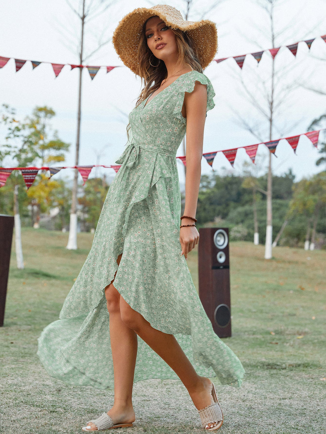 Women Summer Daily Ruffled Printed V Neck Short Sleeve High Split A Line Midi Dress