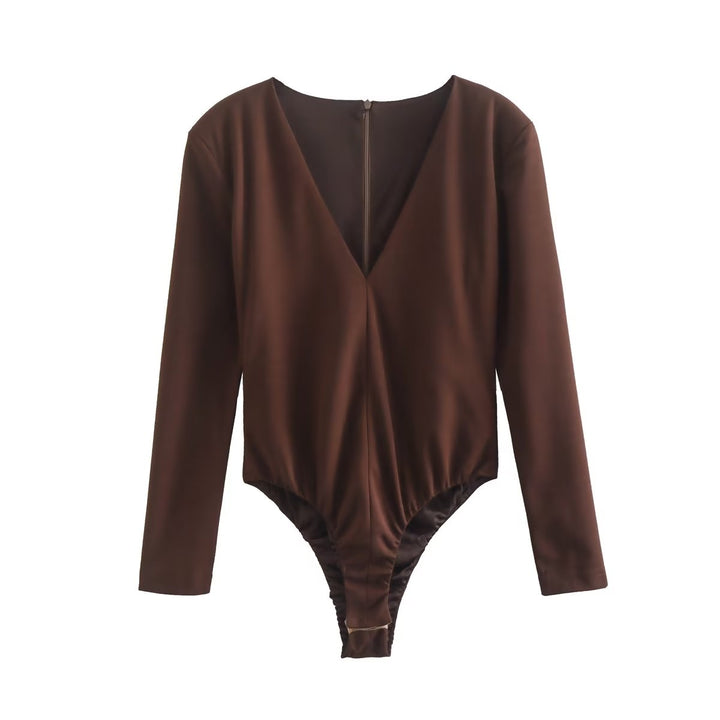Women Clothing Sexy Four Color Deep V Plunge neck Padded Shoulder Close Fitting Inner Bodysuit