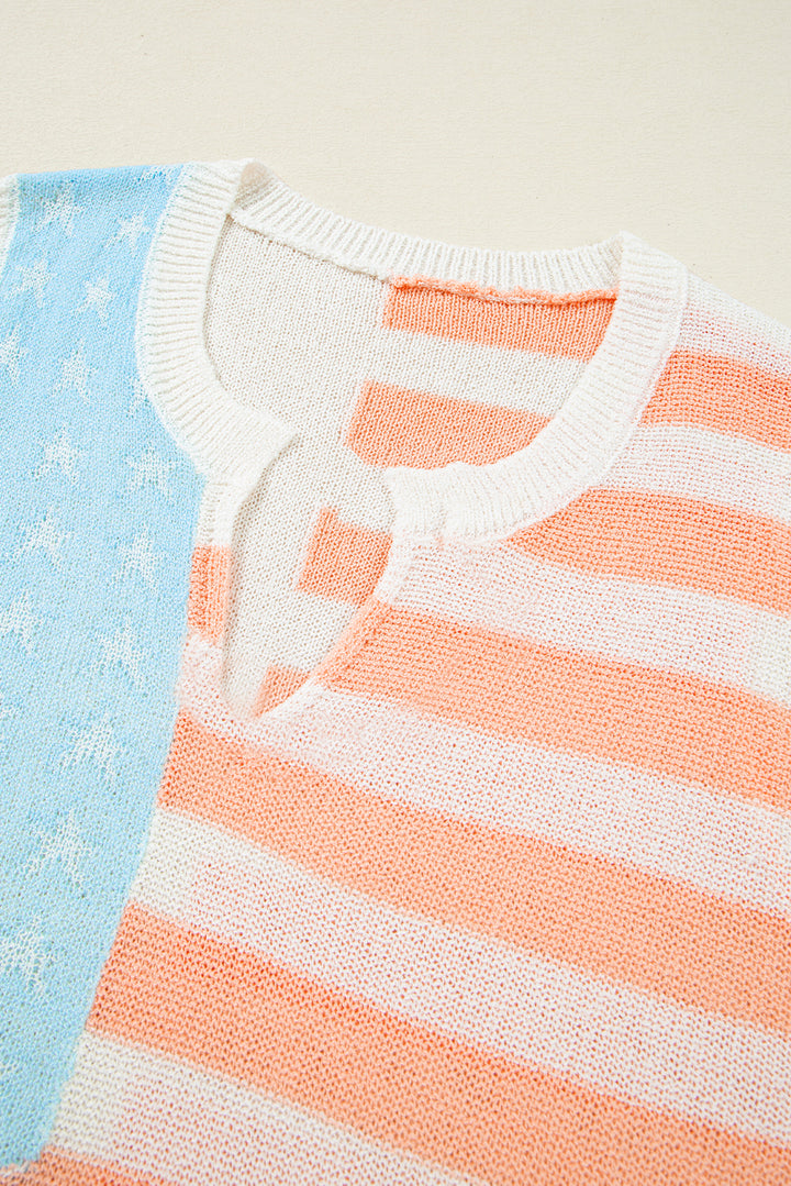 Beige USA Flag Notched Neckline Loose Sweater Vest