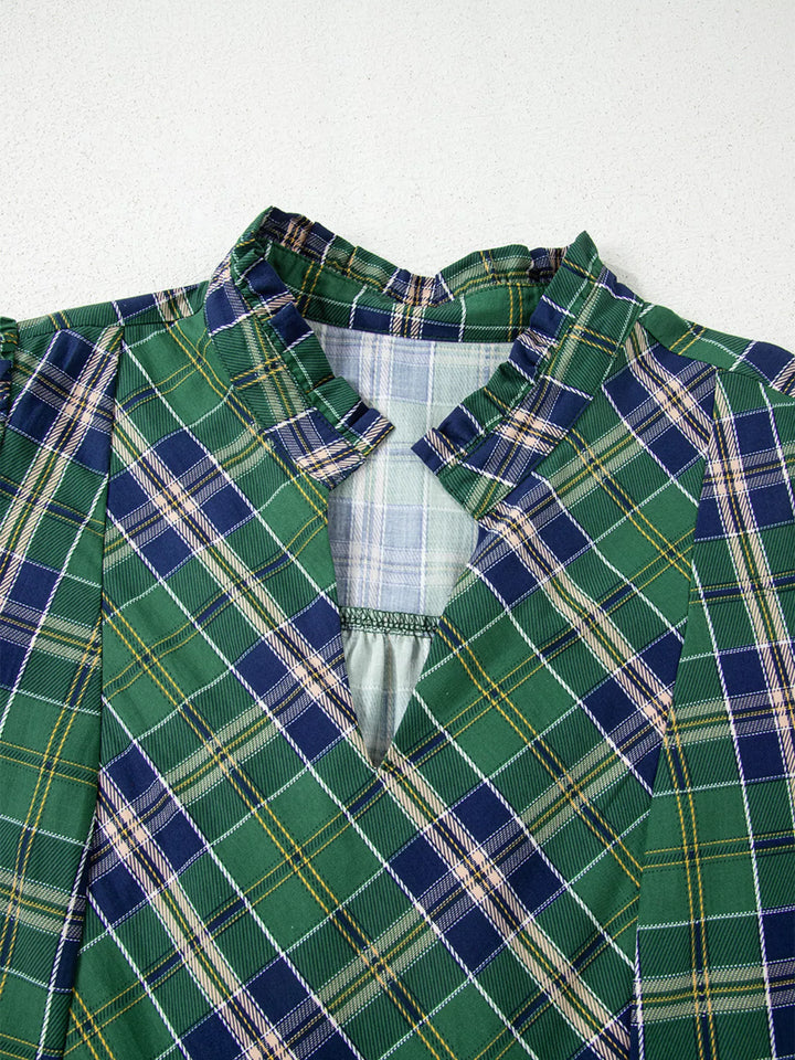 Plaid Frilly Collar Long Sleeve Shift Mini Dress