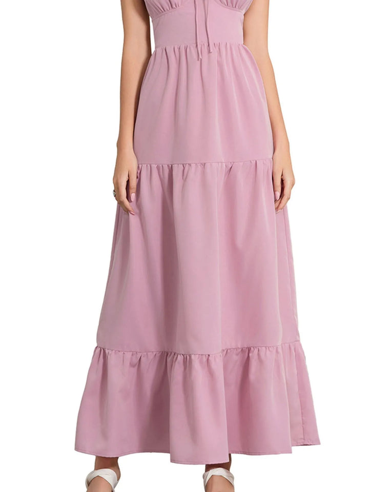 Tiered Lace Up Spaghetti Straps Maxi Dress