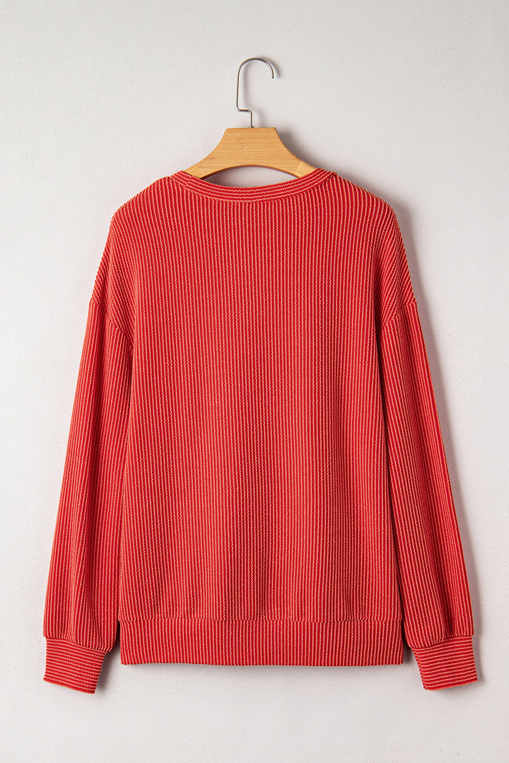 Fiery Red Twisted Rib Outlined Merry Letter Graphic Loose Long Sleeve Top