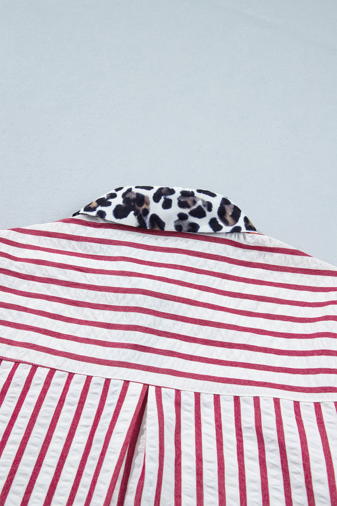 Red Stripe Leopard Contrast Trim Half Button Blouse