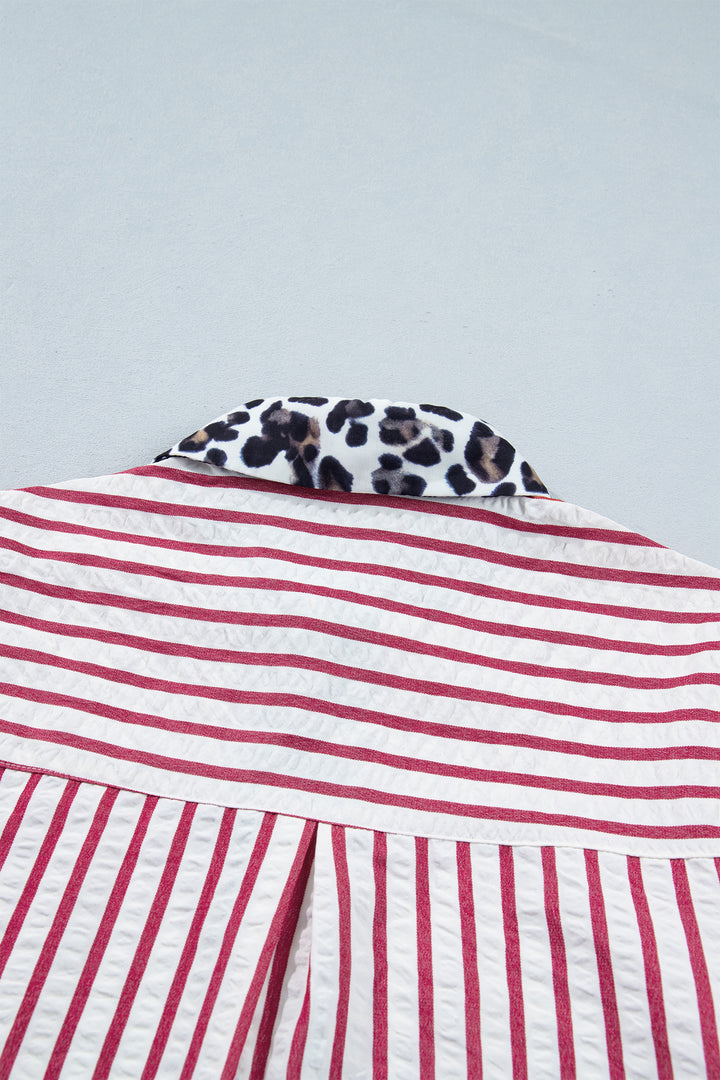 Red Stripe Leopard Contrast Trim Half Button Blouse