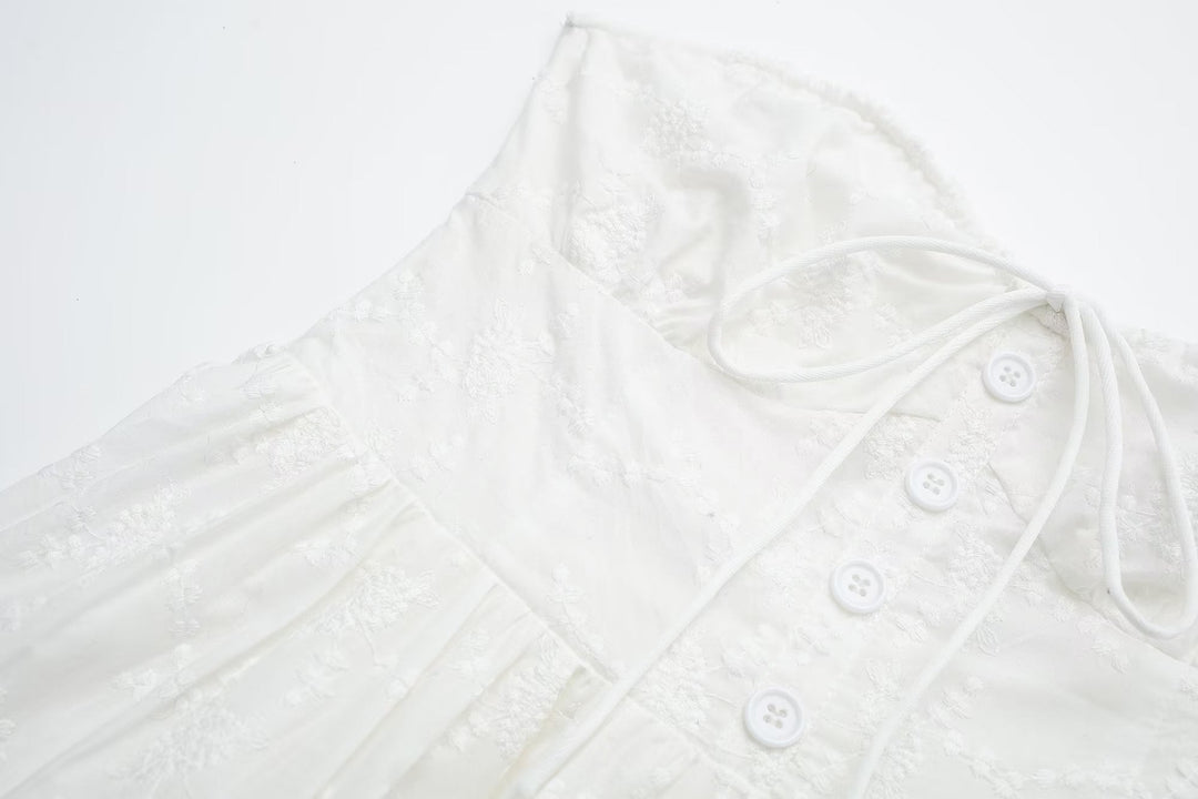 Pure Dignified White Dress Summer Lady Square Collar Mid Length Dress Women
