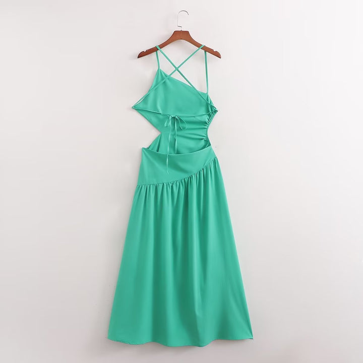 Summer Women Clothing High Waist Cutout out Mid Length Strap Dress Women