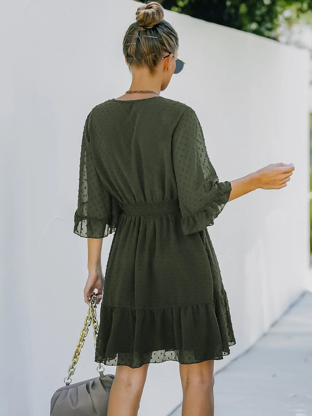 Swiss Dot Flare Sleeve Wrap Mini Dress