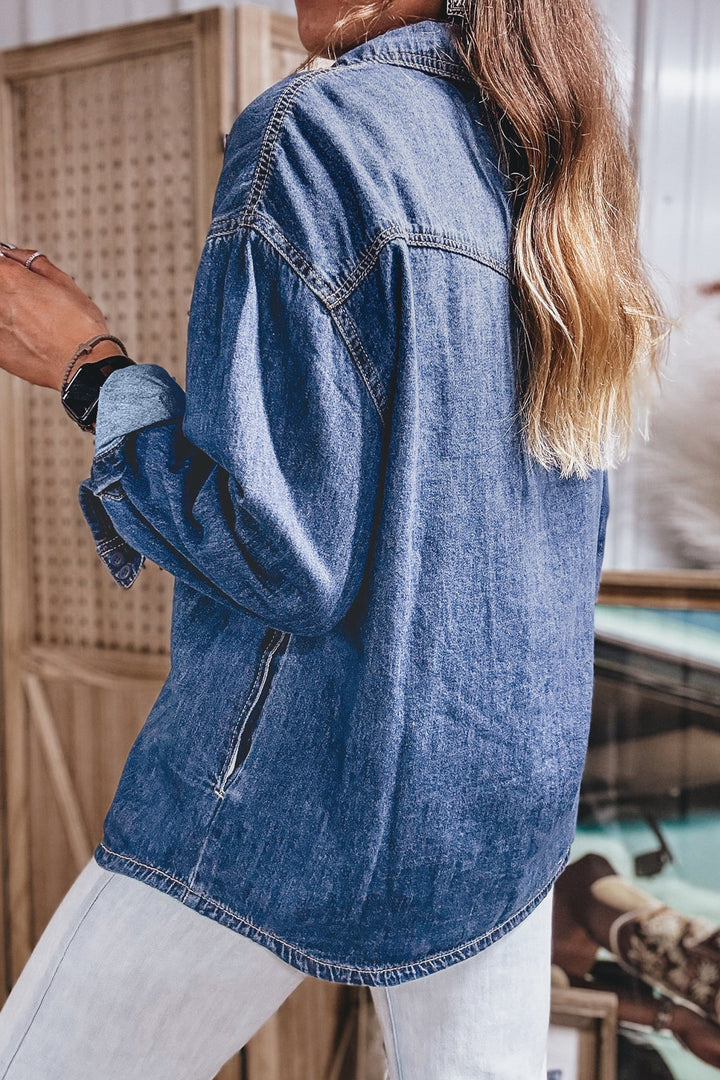 Sail Blue Western Patch Pockets Tunic Length Long Sleeve Denim Shirt