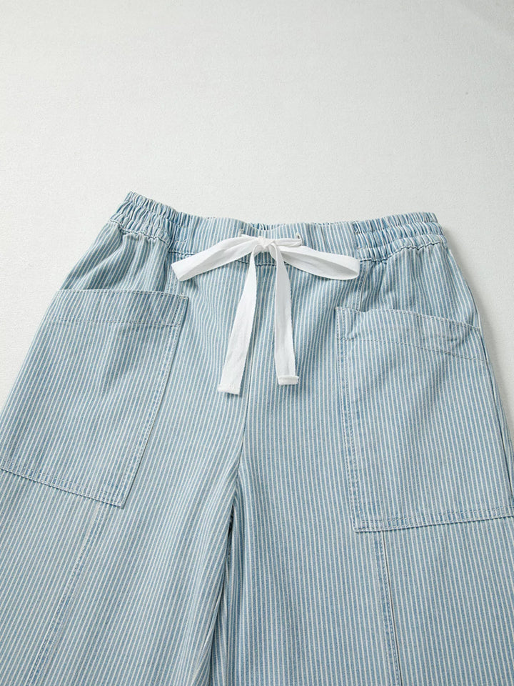 Stripe Mid Rise Drawstring Waist Jeans