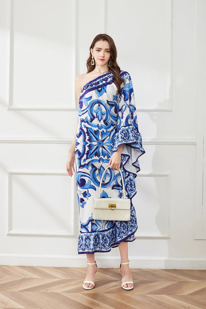 Spring Summer Asymmetric Design Slant Shoulder Print Loose Dress
