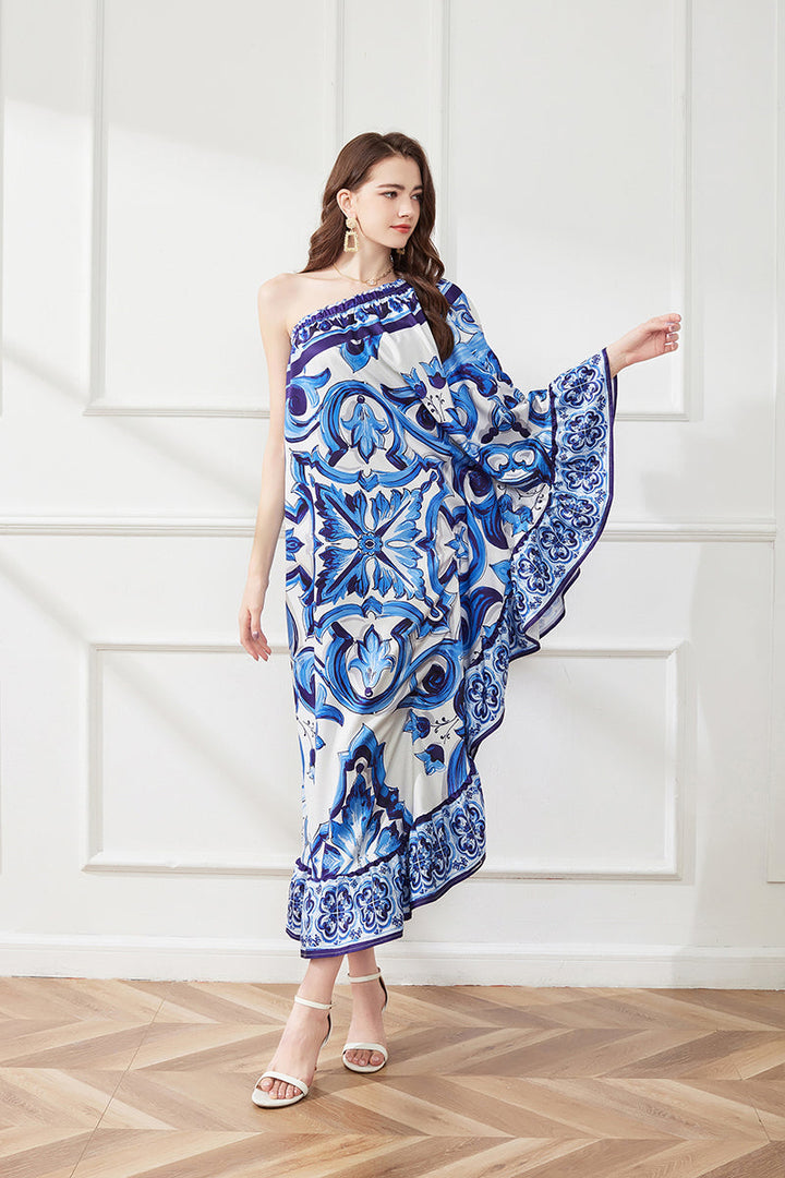 Spring Summer Asymmetric Design Slant Shoulder Print Loose Dress