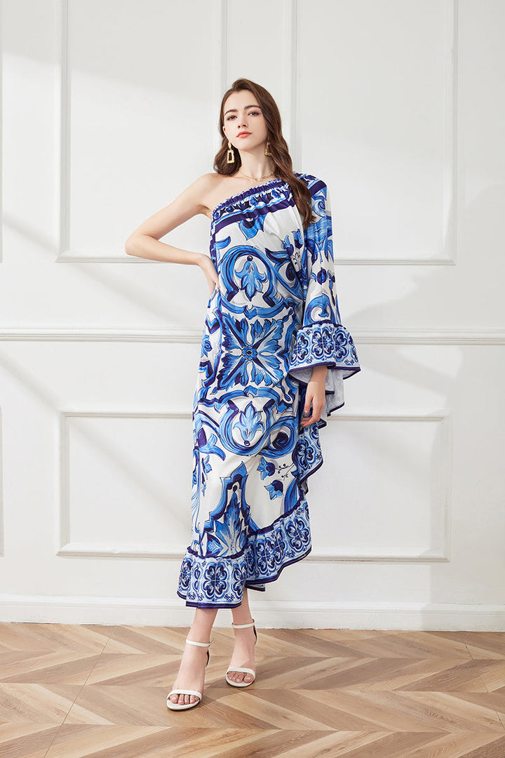 Spring Summer Asymmetric Design Slant Shoulder Print Loose Dress