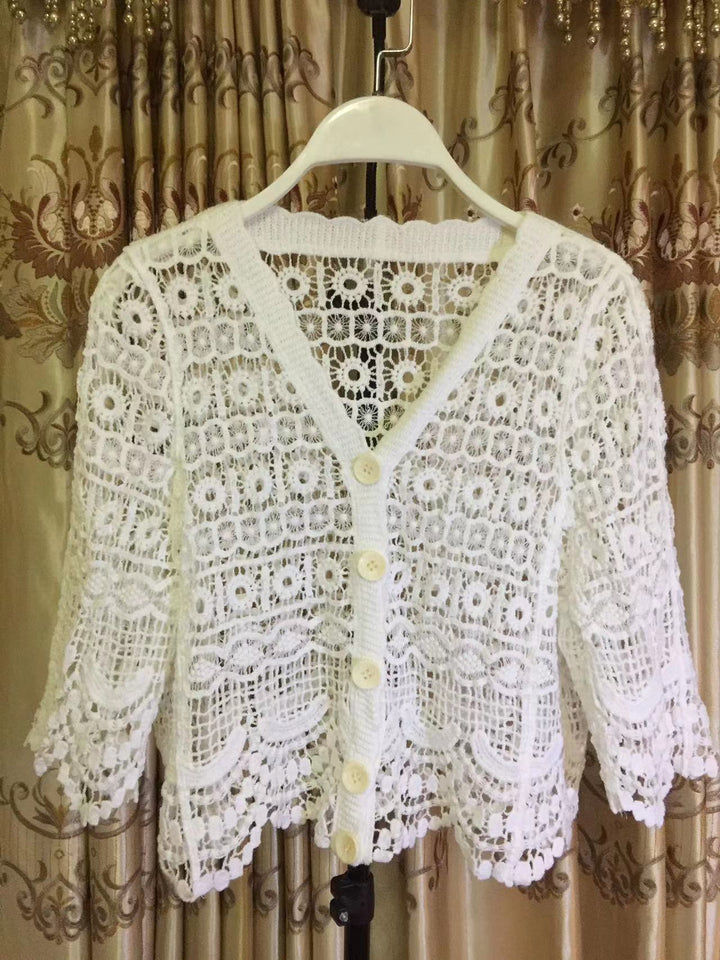 Women Summer Vacation Short Sleeve Solid Crochet Top Crochet hook