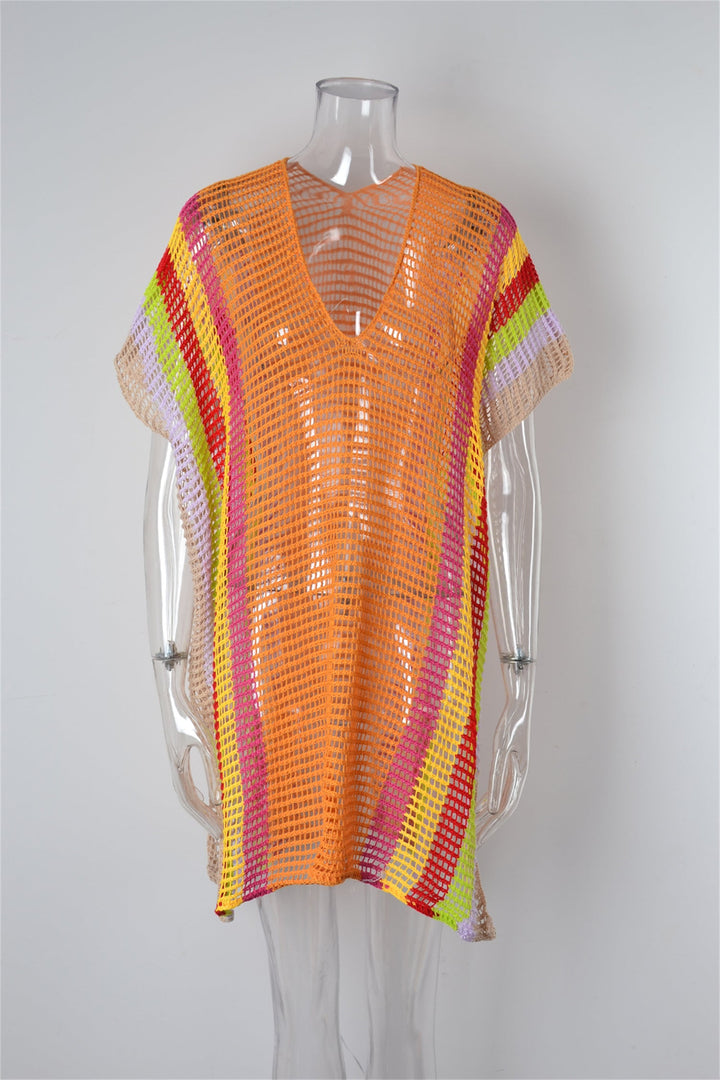 Summer Beach Cover-up Hollow Out Cutout Knitted Rainbow Holiday Bikini Cover Sun Protection Clothing Women
