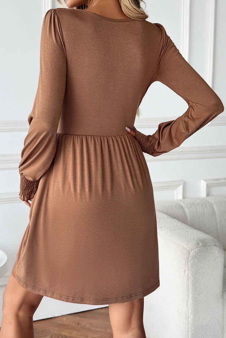 Chestnut Shirred Cuff Long Sleeve Button Round Neck Mini Dress