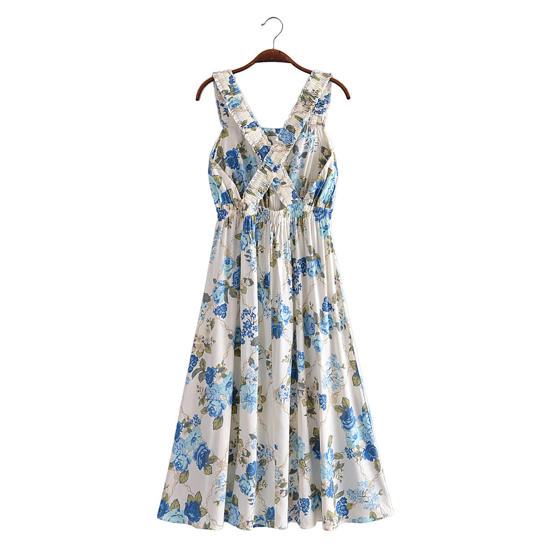 Vacation Summer Cross Backless Rayon Printing Slip Dress