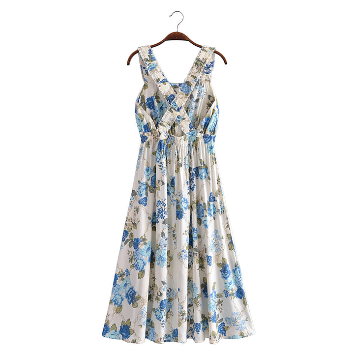 Vacation Summer Cross Backless Rayon Printing Slip Dress