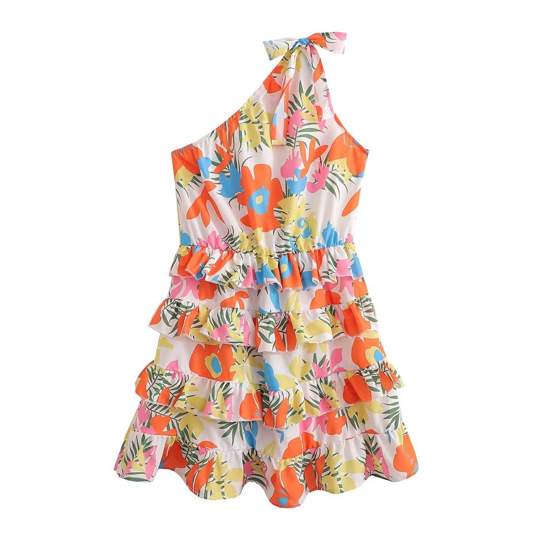 Women Clothing Laminated Decoration Shoulder Lace up One Shoulder Dress Short