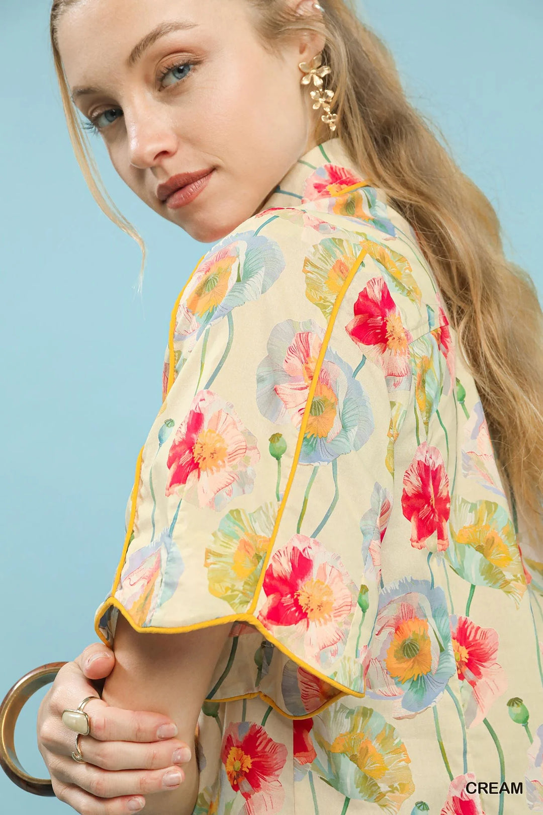 Umgee Floral Print Button-Down Blouse with Flutter Sleeves