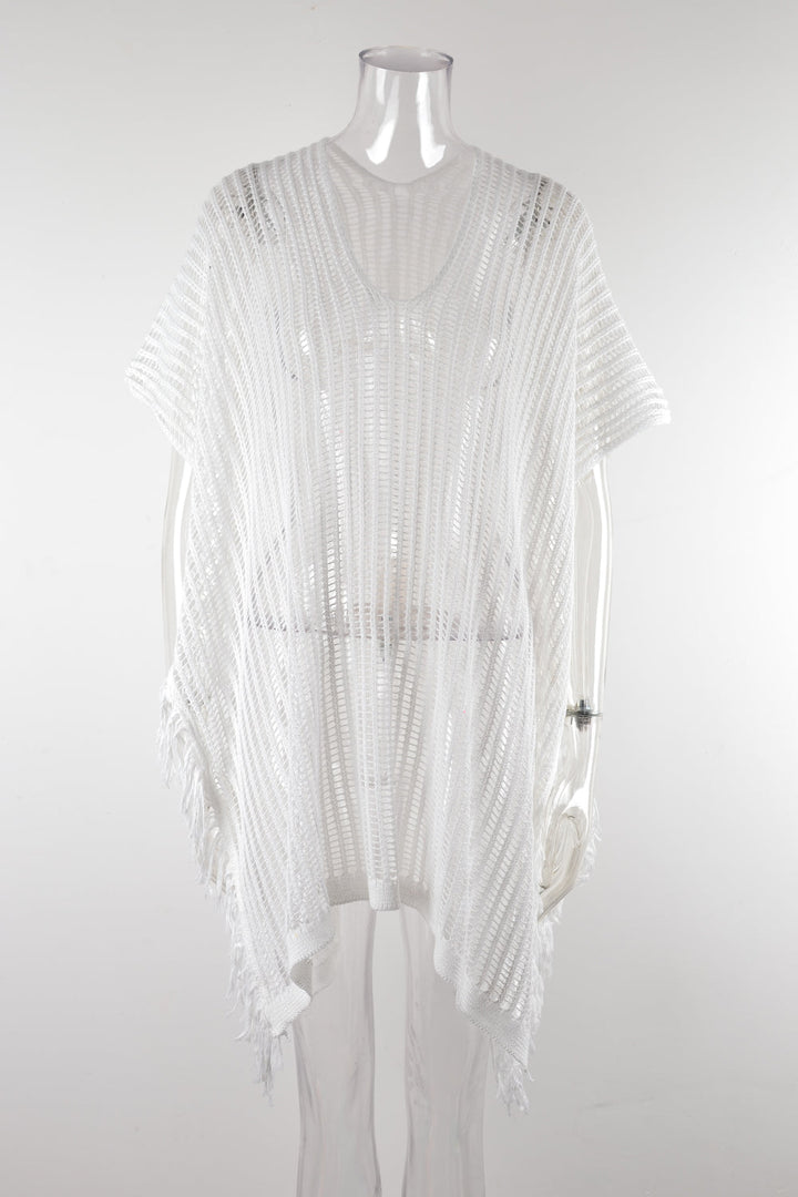 Summer Mid Length V neck Hollow Out Cutout Tassel Beachwear Holiday Shirt Seaside Sun Protection Clothing